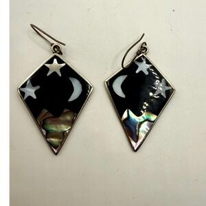 Vintage Alpaca Mexico Moon & Stars Abalone Dangle Earrings Boho Celestial